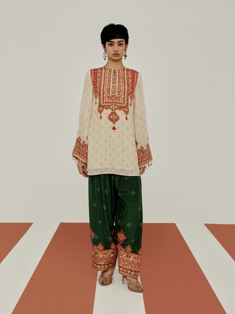 Ivory & Green Embellished Kurta Set