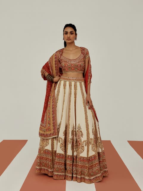 Ivory & Red Embellished Lehenga Set