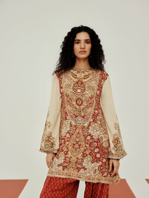 Red & Ivory Embellished Kurta Set