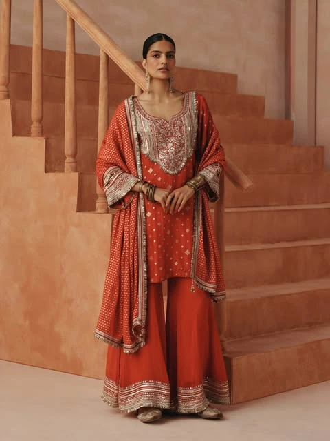 Red Embellished Kurta & Palazzo Set