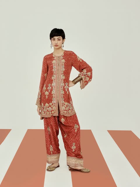 Rust Embellished Kurta & Trouser Set