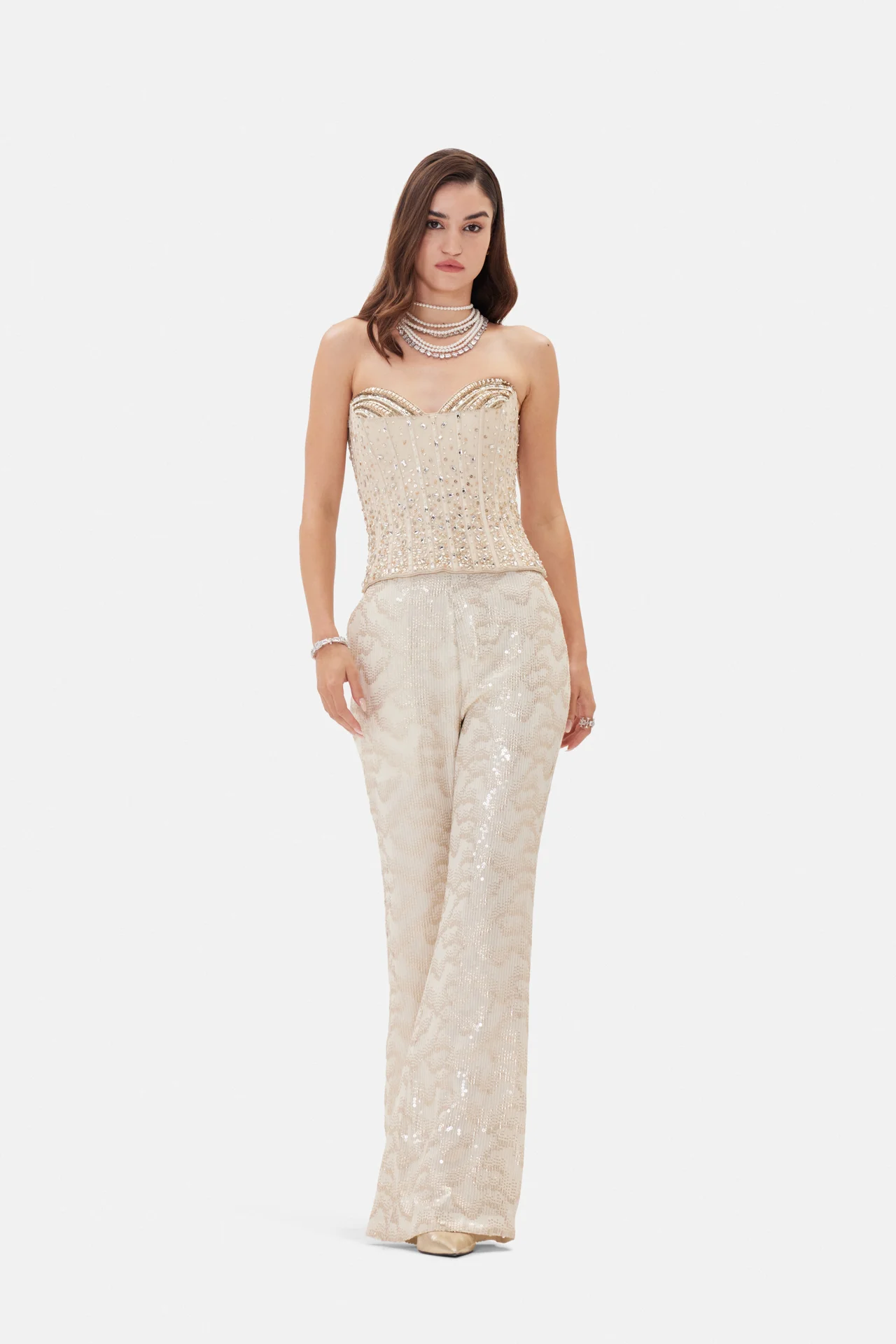 Ivory embellished corset and trousers