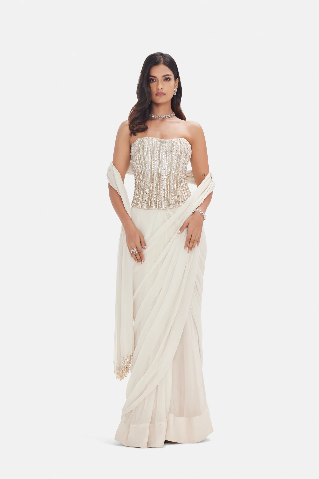 Ivory embellished sari