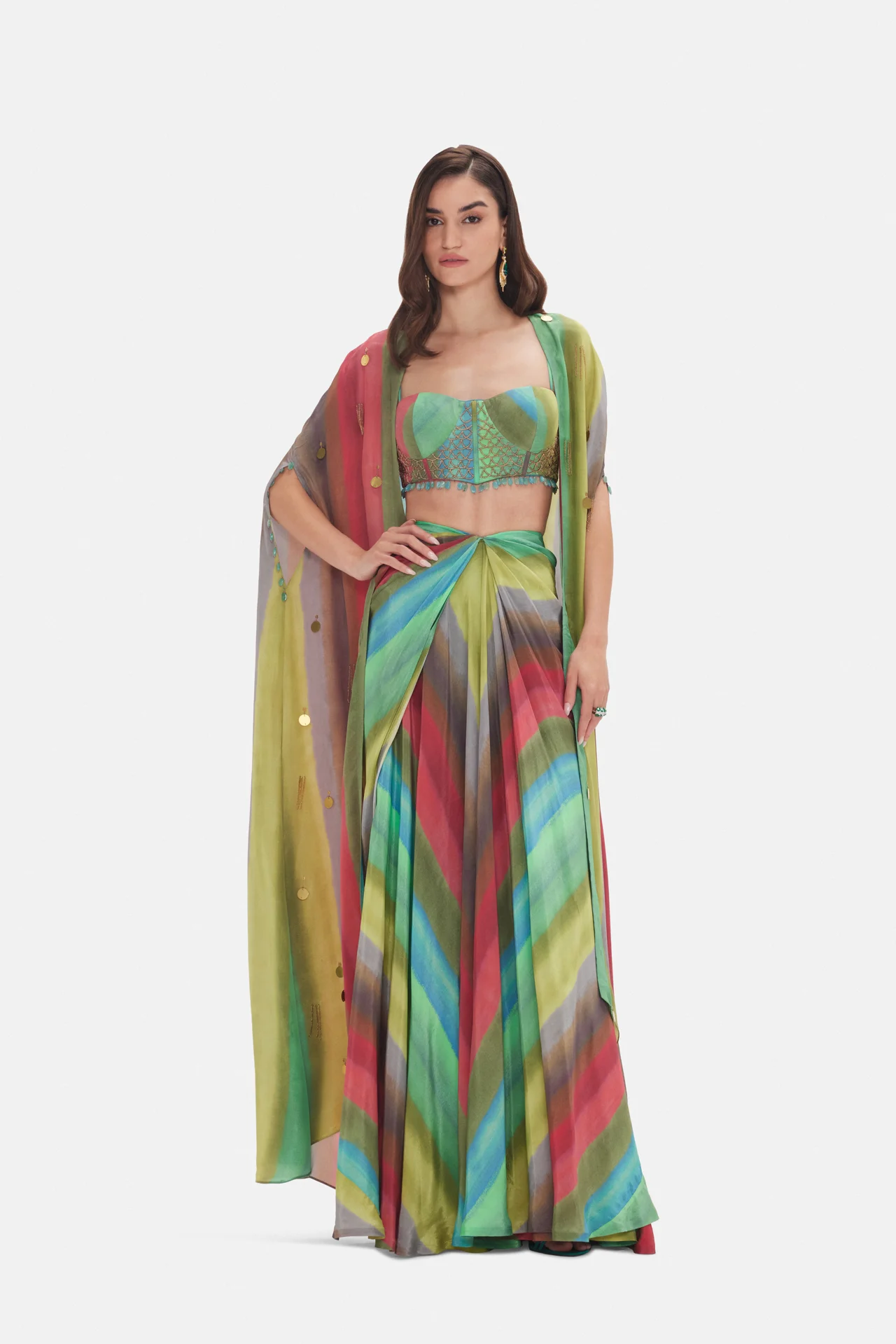 Multicolour draped Basanti ensemble