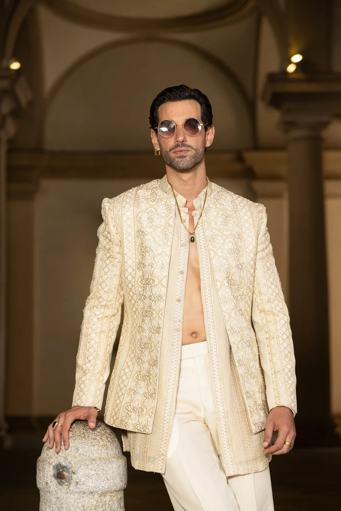 Ivory & Gold Embroidered Jacket Set