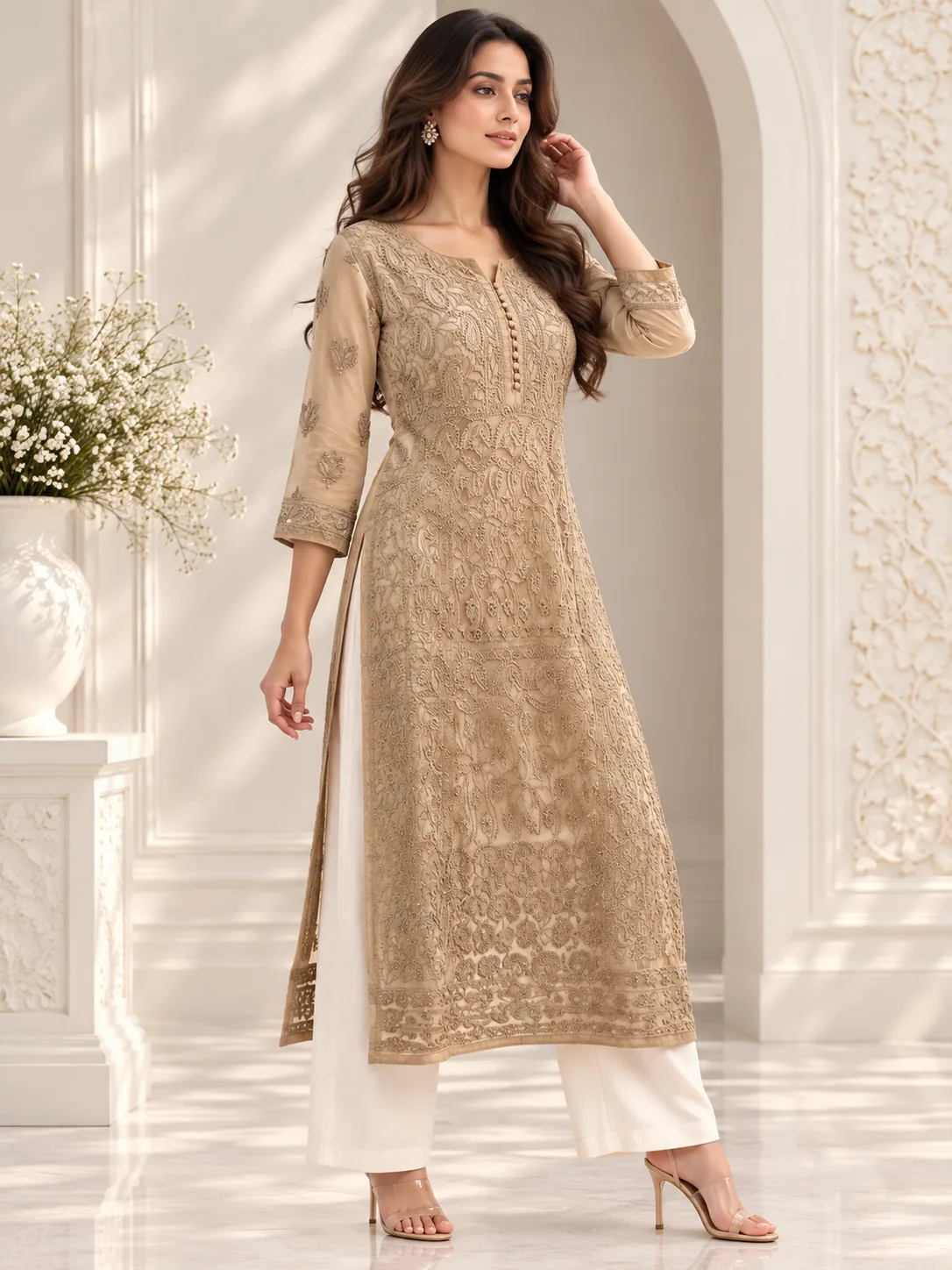 Beige Chikankari Kurta Set