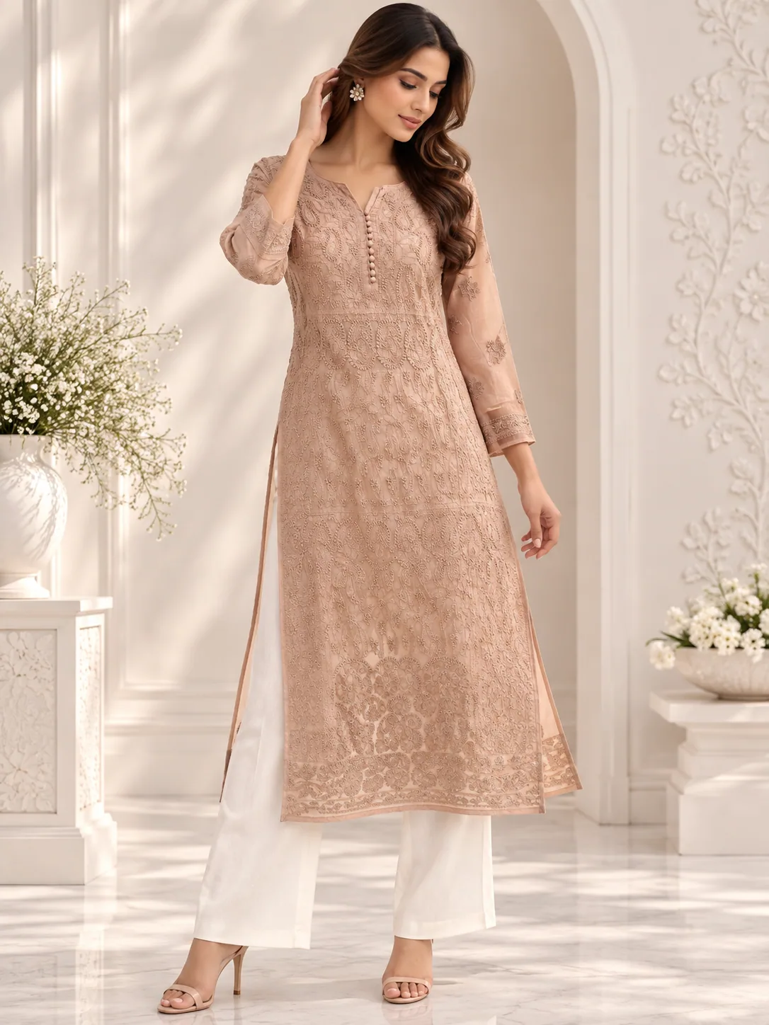 Nude Embroidered Kurta Set