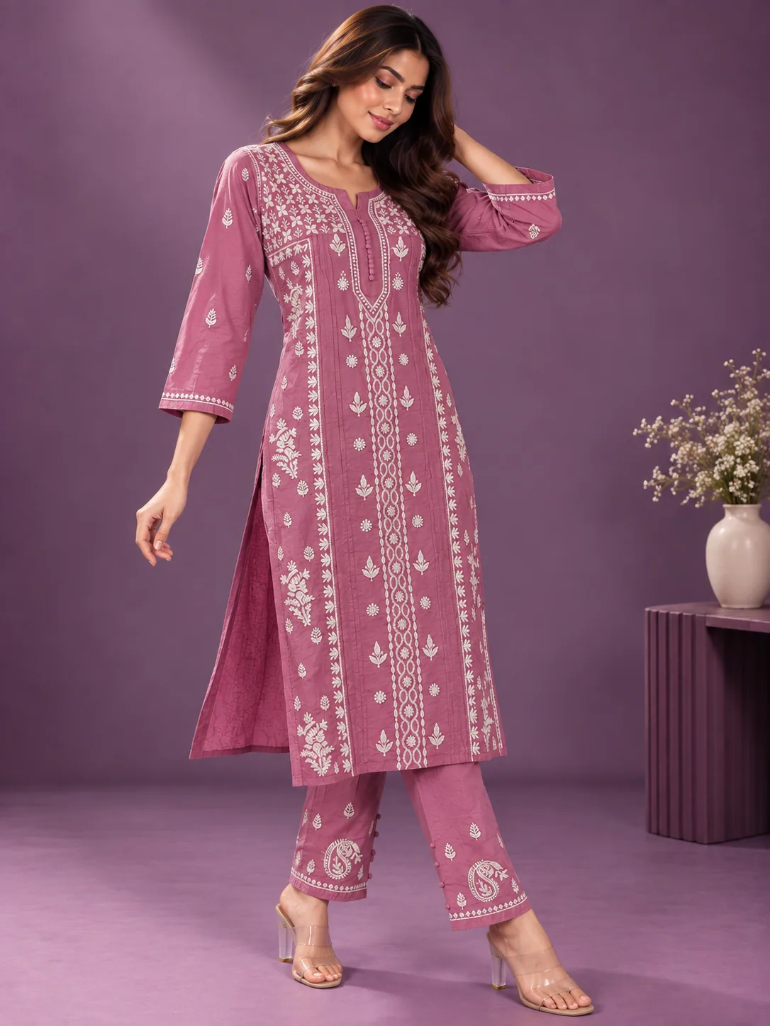 Mauve Chikankari Kurta Set