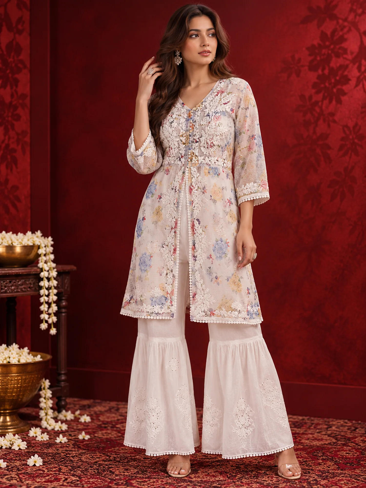 White floral embroidered sharara set